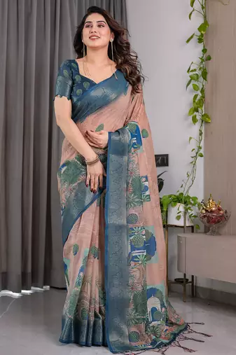 Pure handloom linen floral printed saree with blouse