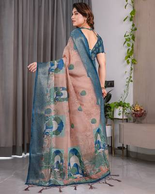 Pure handloom linen floral printed saree with blouse 3