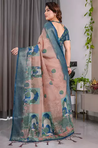 Pure handloom linen floral printed saree with blouse