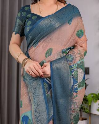 Pure handloom linen floral printed saree with blouse 4
