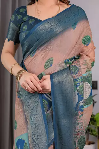 Pure handloom linen floral printed saree with blouse