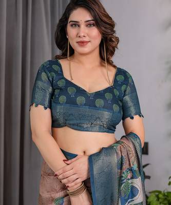 Pure handloom linen floral printed saree with blouse 5