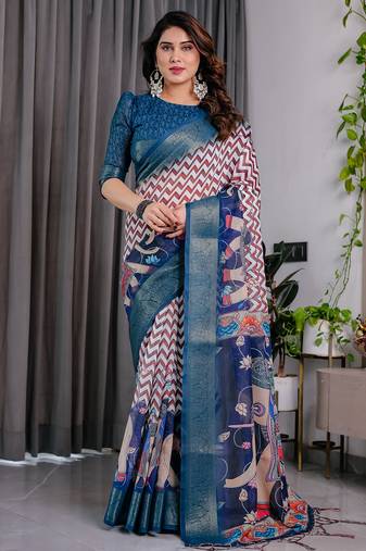 Navy blue handloom linen floral printed saree with blouse