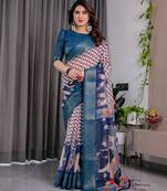 Navy blue handloom linen floral printed saree with blouse