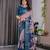 Navy blue handloom linen floral printed saree with blouse