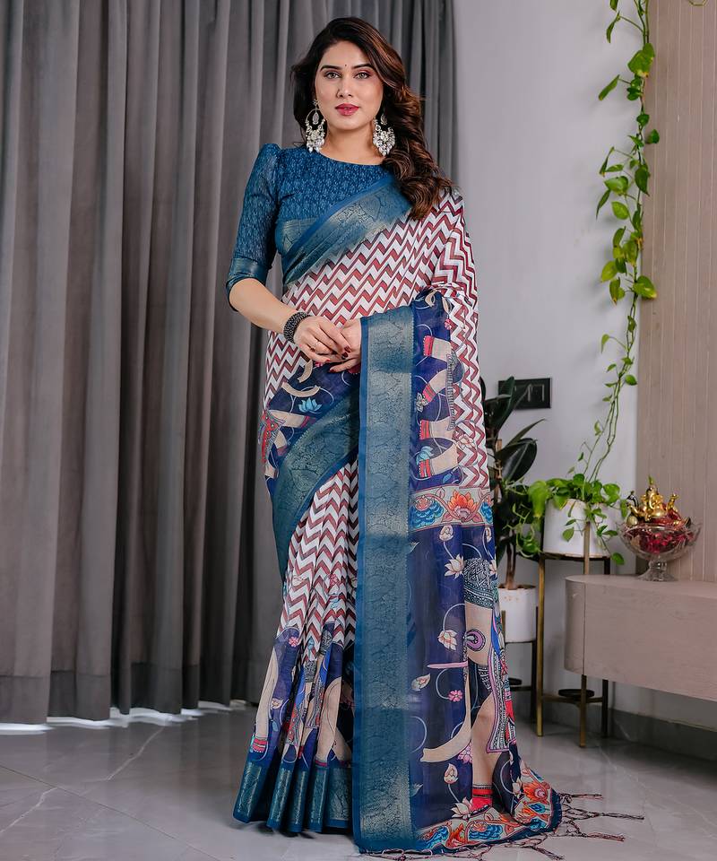 Navy blue handloom linen floral printed saree with blouse