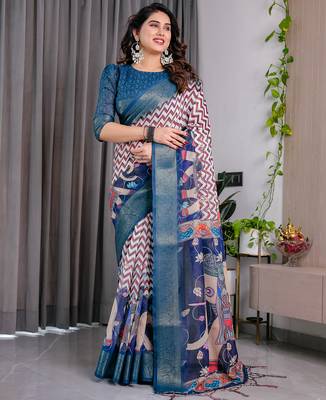 Navy blue handloom linen floral printed saree with blouse 2