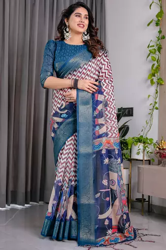Navy blue handloom linen floral printed saree with blouse