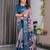 Navy blue handloom linen floral printed saree with blouse