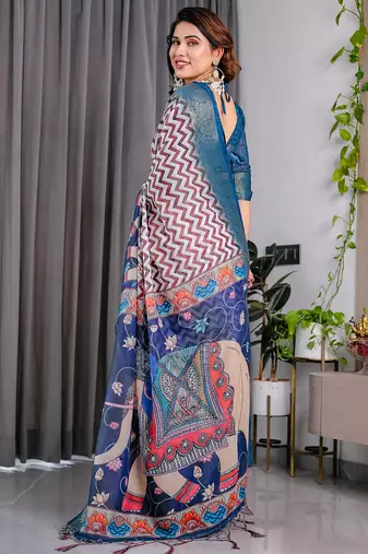 Navy blue handloom linen floral printed saree with blouse