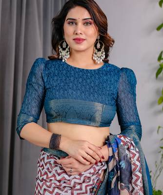 Navy blue handloom linen floral printed saree with blouse 4
