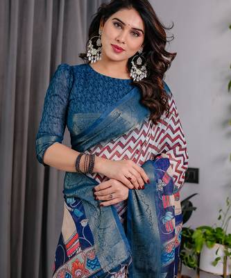 Navy blue handloom linen floral printed saree with blouse 5