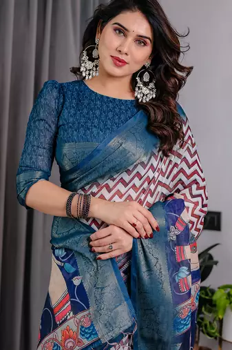 Navy blue handloom linen floral printed saree with blouse