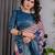 Navy blue handloom linen floral printed saree with blouse