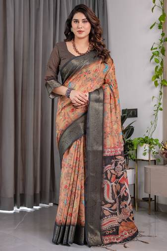 Brown handloom linen floral printed saree with blouse