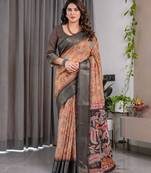 Brown handloom linen floral printed saree with blouse