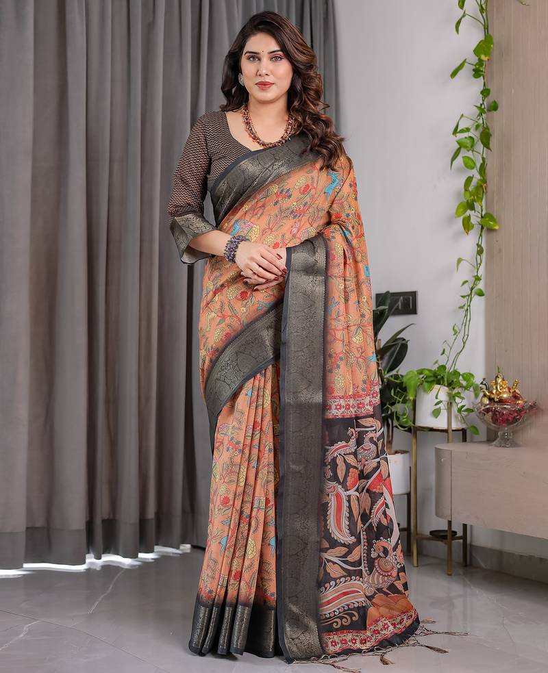 Brown handloom linen floral printed saree with blouse
