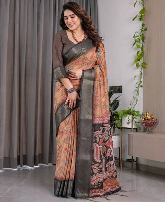Brown handloom linen floral printed saree with blouse 2