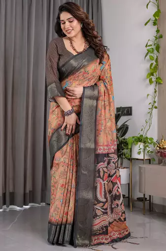 Brown handloom linen floral printed saree with blouse
