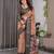 Brown handloom linen floral printed saree with blouse