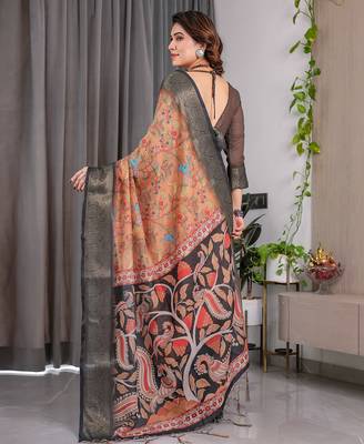 Brown handloom linen floral printed saree with blouse 3