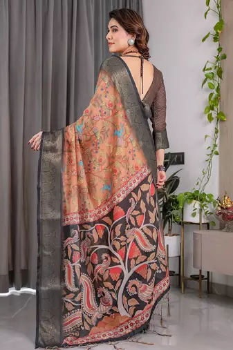 Brown handloom linen floral printed saree with blouse