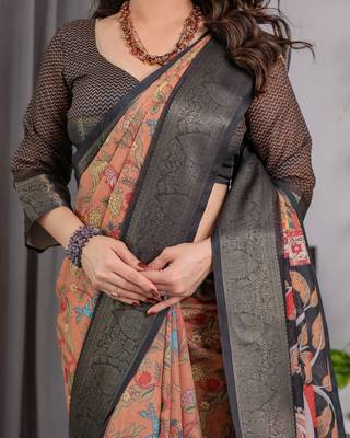 Brown handloom linen floral printed saree with blouse 5