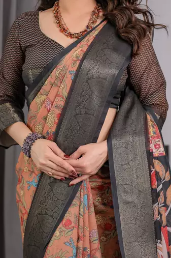 Brown handloom linen floral printed saree with blouse
