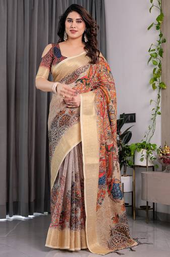 Cream handloom linen floral printed saree with blouse