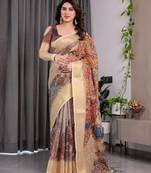 Cream handloom linen floral printed saree with blouse