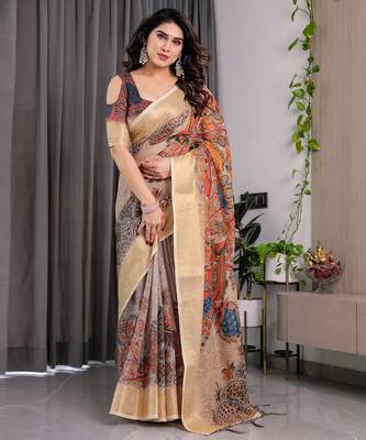 Cream handloom linen floral printed saree with blouse 2