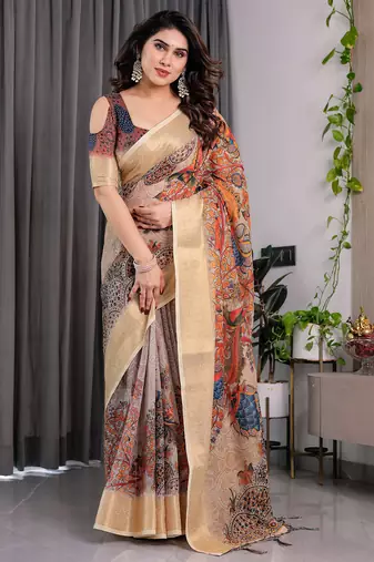 Cream handloom linen floral printed saree with blouse