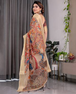 Cream handloom linen floral printed saree with blouse 3