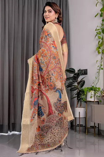 Cream handloom linen floral printed saree with blouse