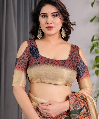 Cream handloom linen floral printed saree with blouse 4