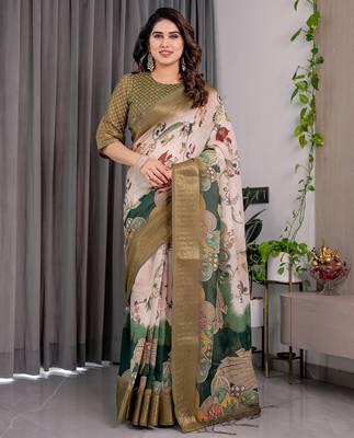Olive handloom linen floral printed saree with blouse 1