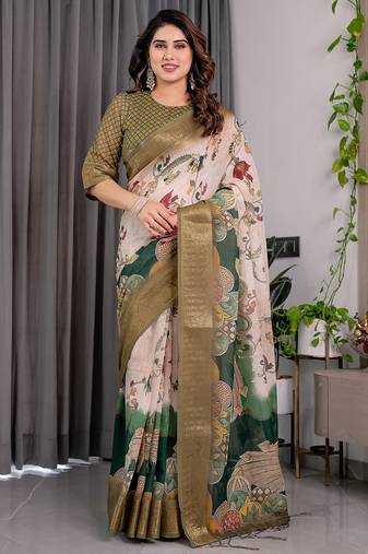 Olive handloom linen floral printed saree with blouse