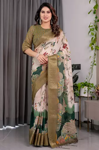 Olive handloom linen floral printed saree with blouse