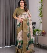 Olive handloom linen floral printed saree with blouse