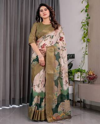Olive handloom linen floral printed saree with blouse 2