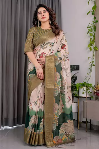 Olive handloom linen floral printed saree with blouse