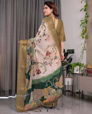 Olive handloom linen floral printed saree with blouse 3