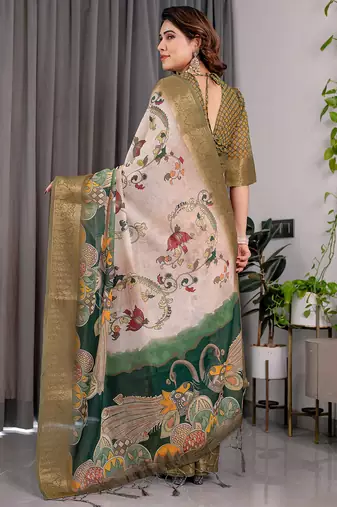 Olive handloom linen floral printed saree with blouse