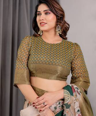 Olive handloom linen floral printed saree with blouse 4