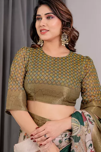 Olive handloom linen floral printed saree with blouse