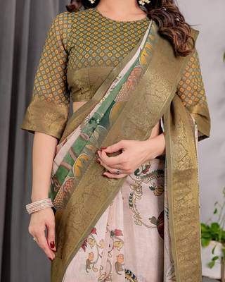 Olive handloom linen floral printed saree with blouse 5