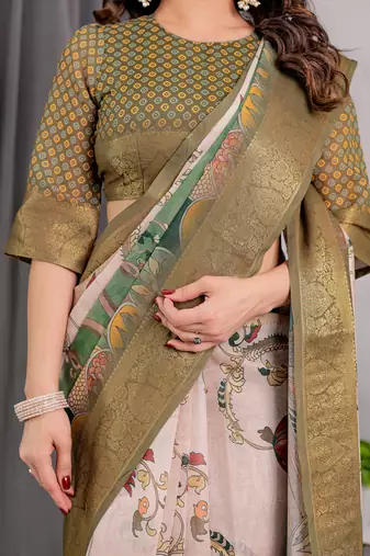 Olive handloom linen floral printed saree with blouse