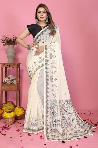 Soft linen cotton printed saree
with cotton tassles on pallu 
matching blouse