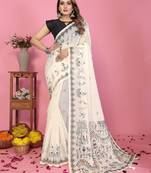 Soft linen cotton printed saree
with cotton tassles on pallu 
matching blouse