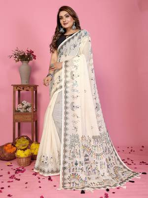 Soft linen cotton printed saree
with cotton tassles on pallu 
matching blouse 2